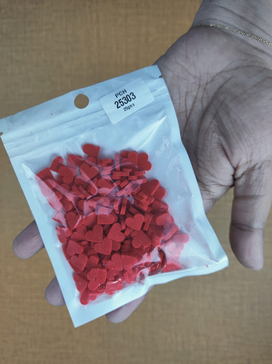 Small red polymer hearts- 25gms