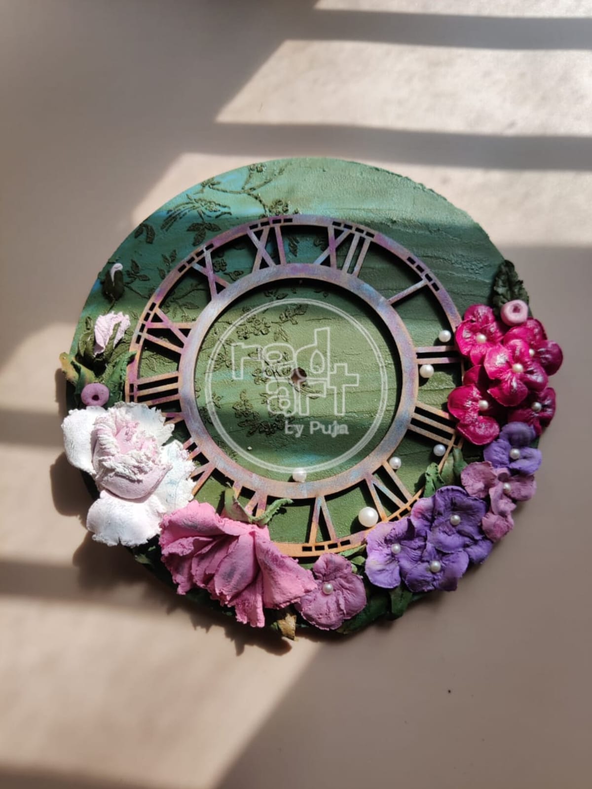 Rose & Hydrangea Green Clock - 8 inch