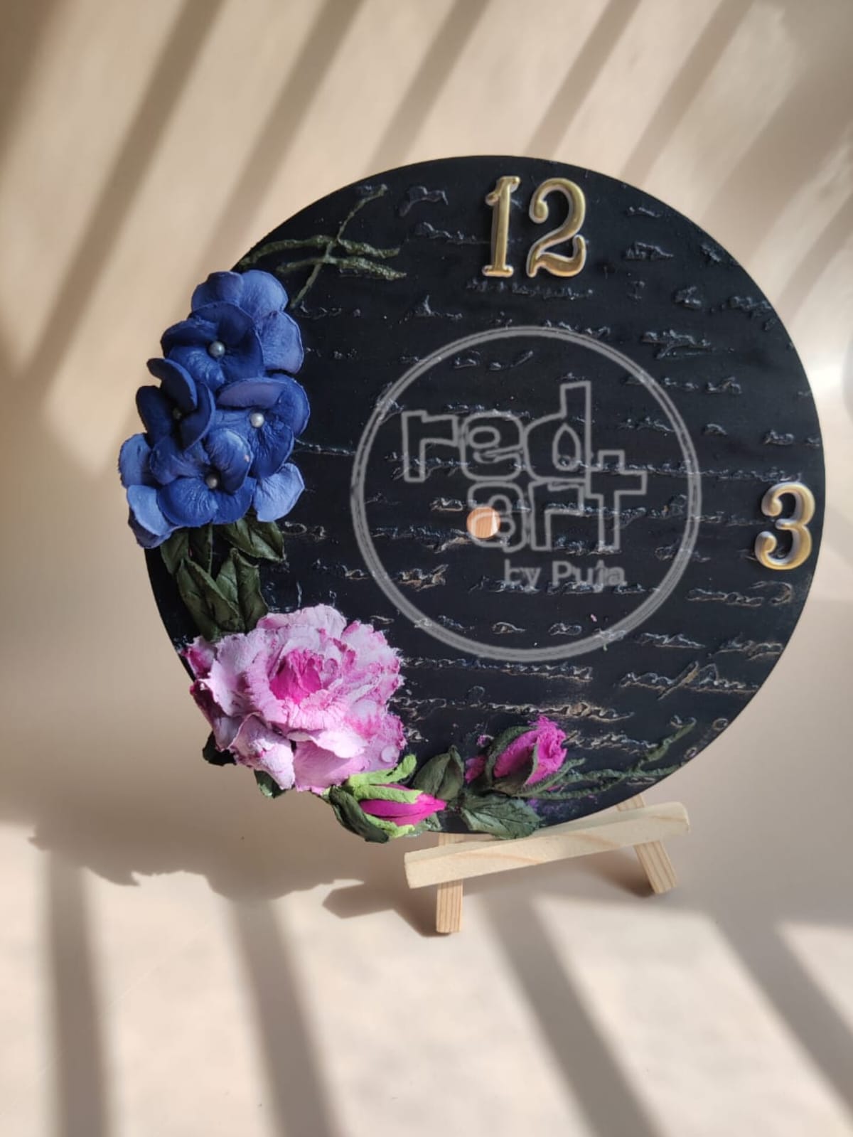 Rose & Hydrangea Dark Blue Clock - 8 inch