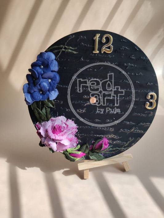 Rose & Hydrangea Dark Blue Clock - 8 inch