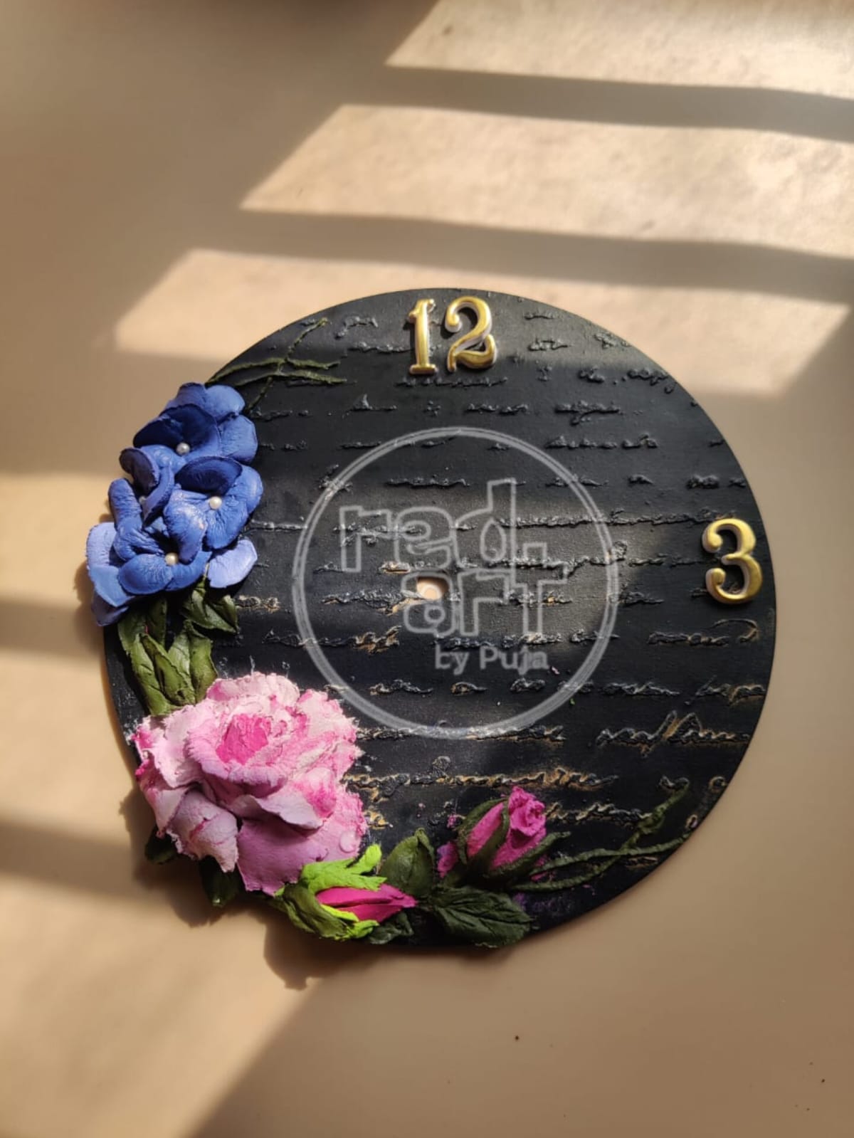 Rose & Hydrangea Dark Blue Clock - 8 inch